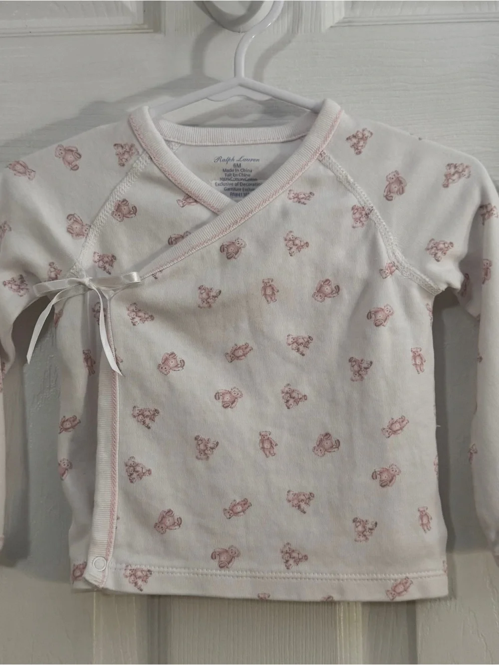 Ralph Lauren Baby Girl White and Pink Teddy Bear Two Piece Kimono Pajama Set
